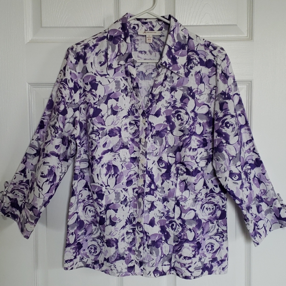 Floral linen v-neck‎ blouse